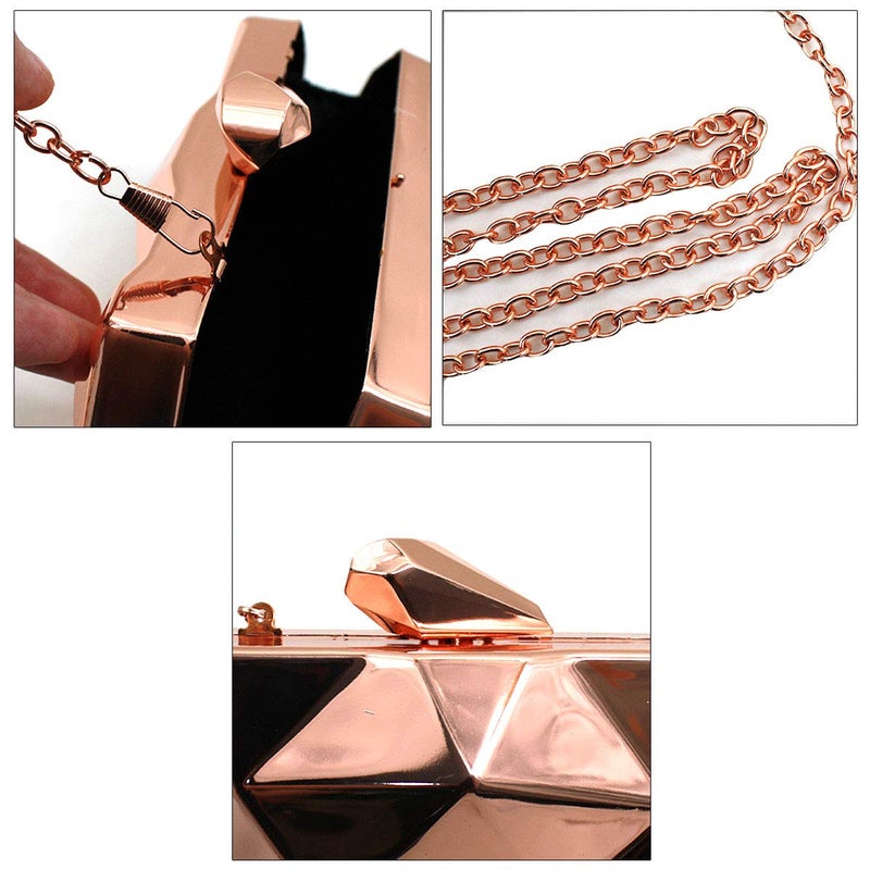 Reberomantic Women Lattice Pattern Metal Handbag Chain Geometric Evening Clutch Purse,Rose Gold - Image 5